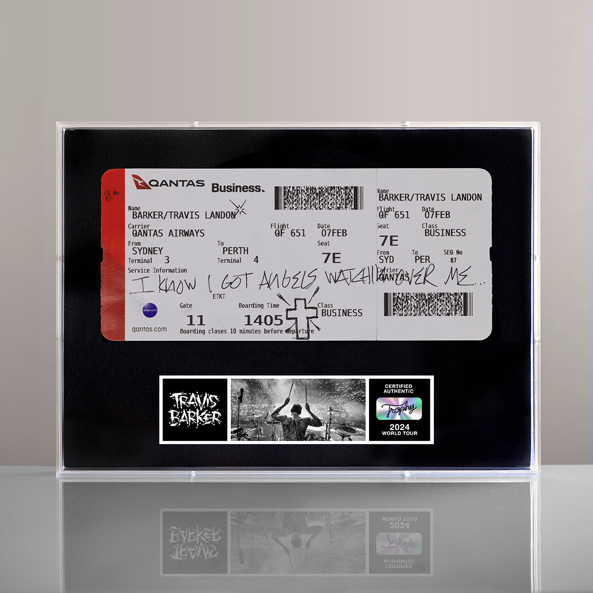 Travis Barker Personal 1/1 Qantas Boarding Pass in Trophy Case